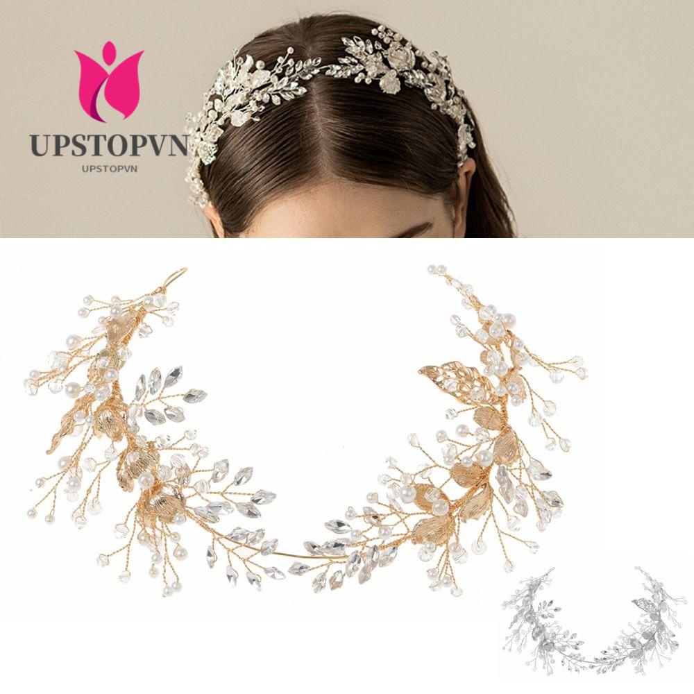 Băng Đô Cài Tóc Đính Pha Lê Hình Chiếc Lá Bằng Hợp Kim Màu Vàng Cho Cô Dâu