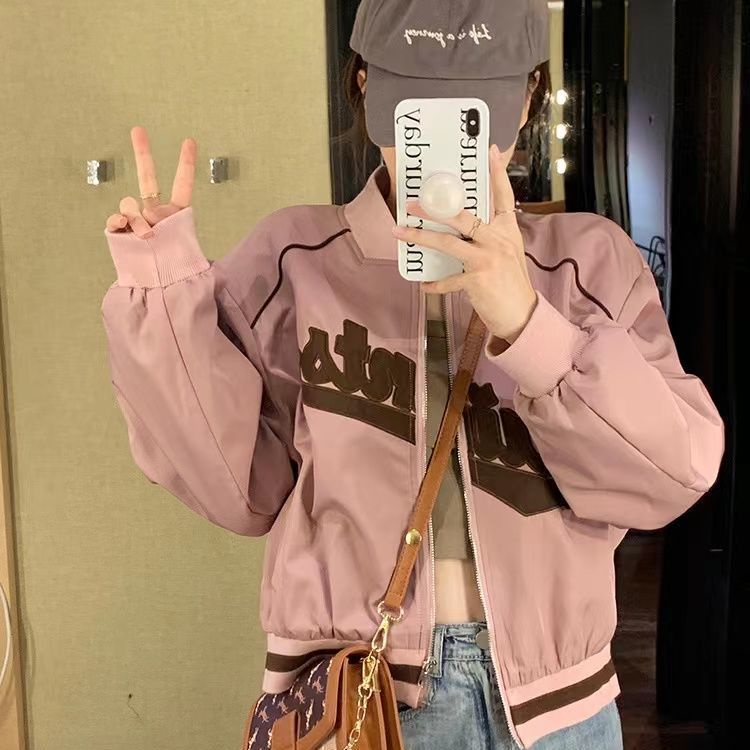 Áo Khoác Bóng Chày Cổ Đứng Dáng Rộng Thêu Chữ Thời Trang Xuân Thu Cho Nữ