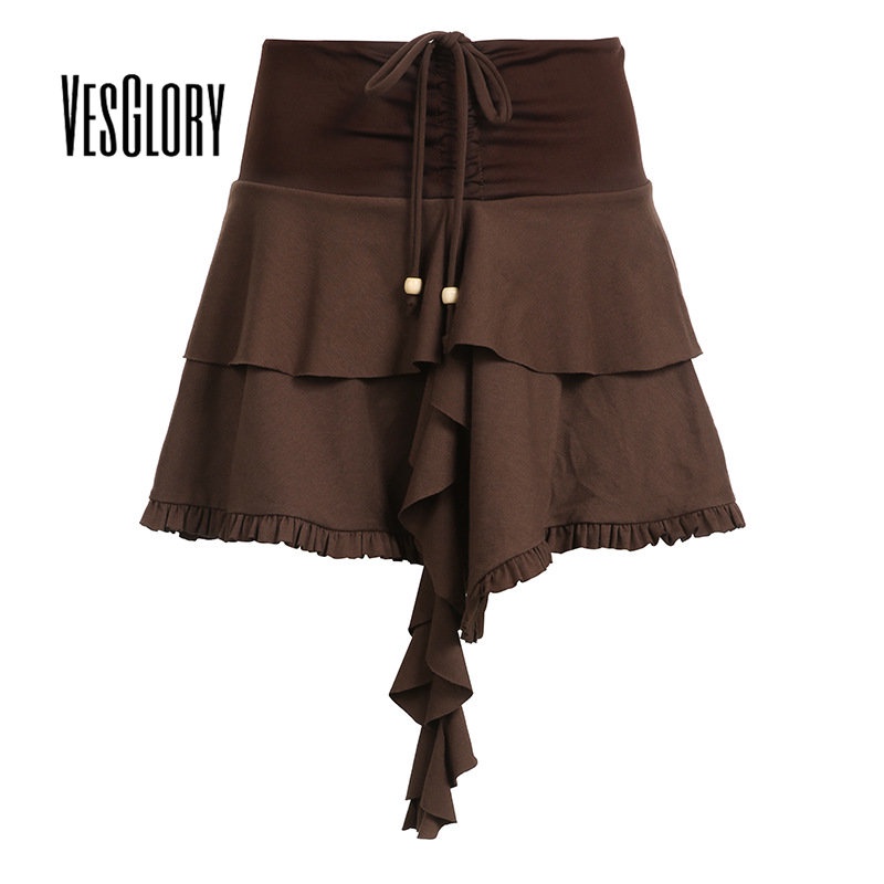 Chân váy VESGLORY mini lưng cao màu trơn phối dây rút thời trang đường phố 2023 cho nữ