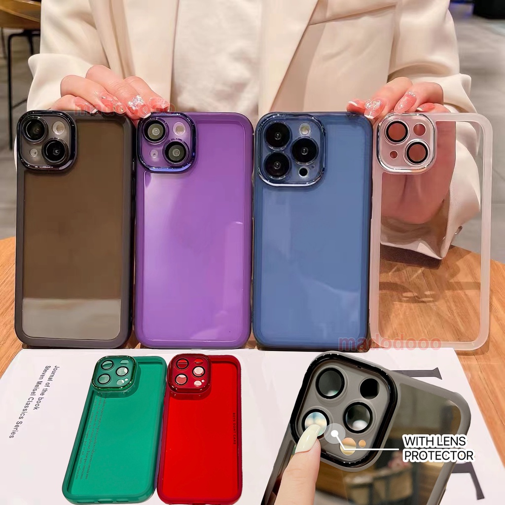 Casing For iPhone 15 14 13 12 14plus 14+ 13pro 14pro 12pro PRO MAX Clear With Lens Protector Solid Color Transparent Shockproof Soft Phone Case 1MY 01