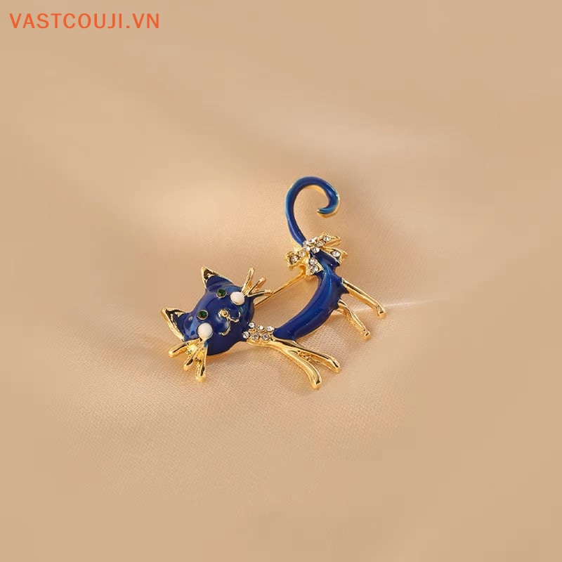 Ghim Cài Áo Hình Mèo Đính Đá Pha Lê Xanh Dương Dễ Thương Phong Cách Hàn Quốc