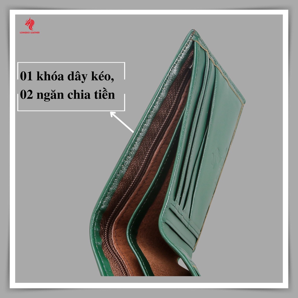 Bóp da nam, ví da bò thật màu xanh lá thương hiệu Longdo Leather - Bảo hành 5 năm - B11