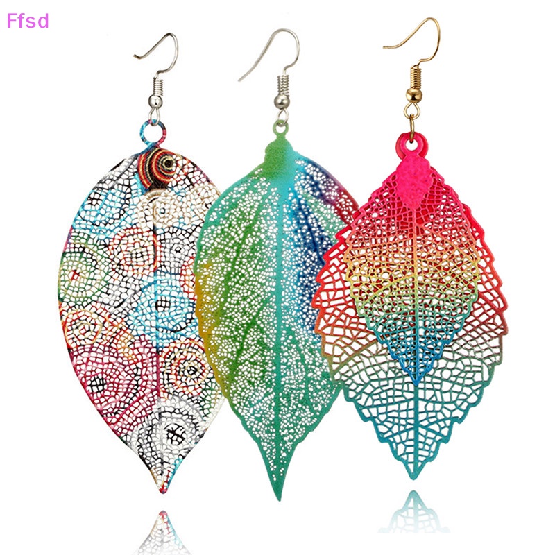 {Ffsd} Khuyên Tai Dáng Dài Hình Lá Lớn Nhiều Màu Sắc Phong Cách Boho