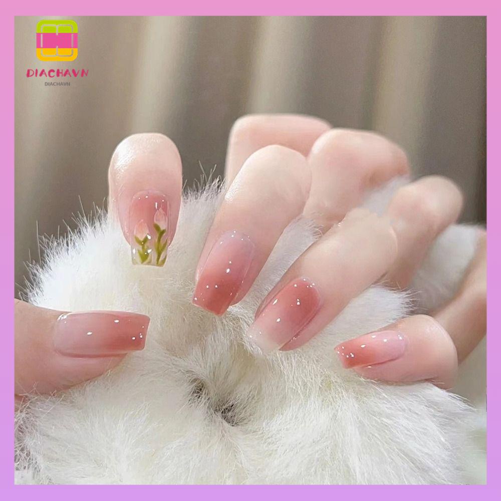 DIACHAVN Bộ Móng Tay Giả Đầu Vuông Màu Hồng Có Thể Tháo Rời Thời Trang Cho Nữ