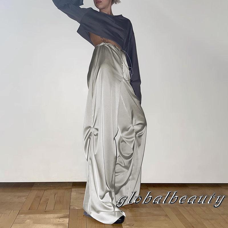 Quần Dài Satin Ống Rộng Lưng Thấp Màu Sắc Đơn Giản Thời Trang Mùa Hè Cho Nữ