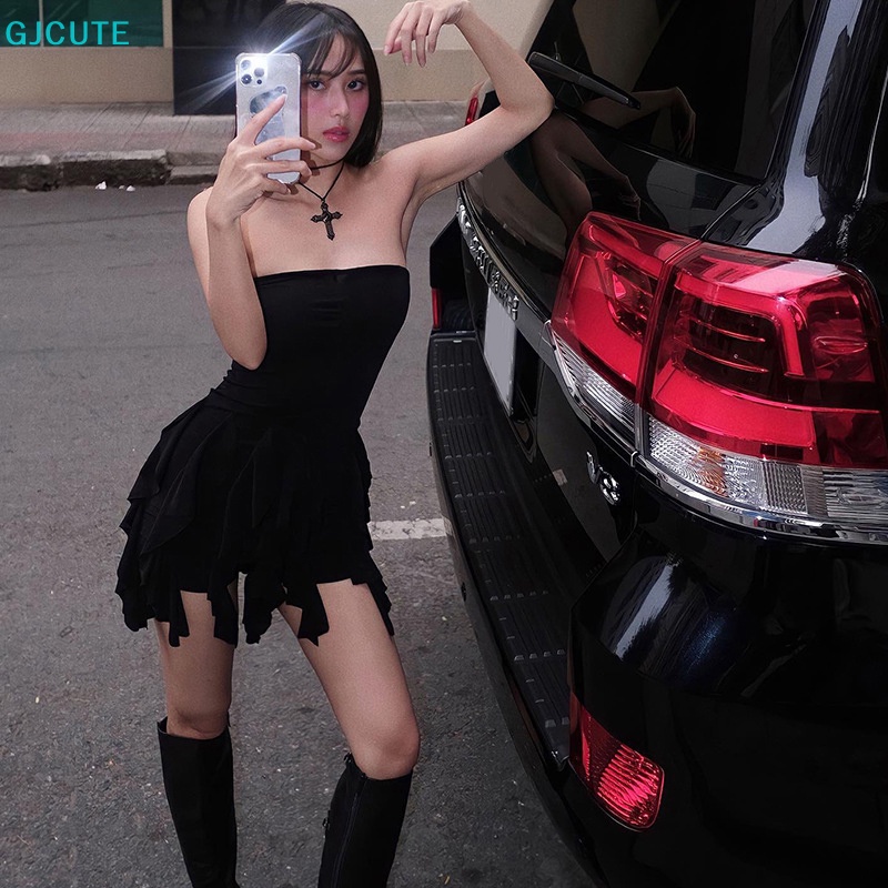 GJCUTE Mfc Đầm Ống Nhún Bèo Y2k Mini Màu Đen Gợi Cảm Cho Nữ