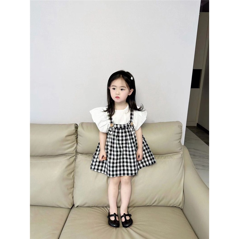 Bộ Áo Sơ Mi Tay Bay Kèm Váy Yếm Họa Tiết Caro Phong Cách Hàn Quốc Thời Trang Mùa Hè Cho Bé Gái