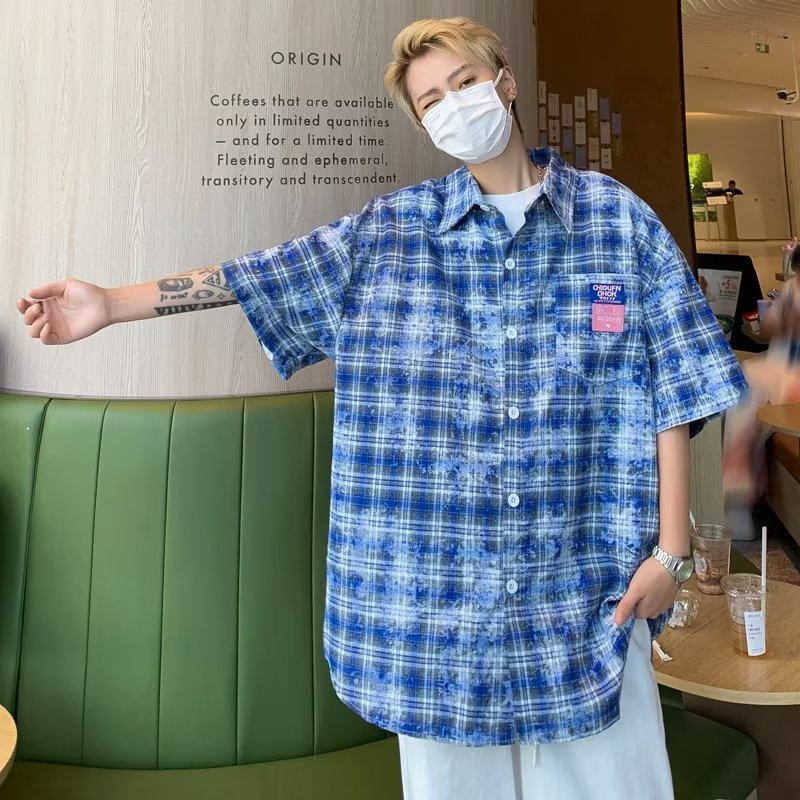 Áo Sơ Mi Tay Ngắn Dáng Rộng Họa Tiết Kẻ Sọc Phong Cách Đường Phố Mỹ Thời Trang Mùa Hè Cho Nam