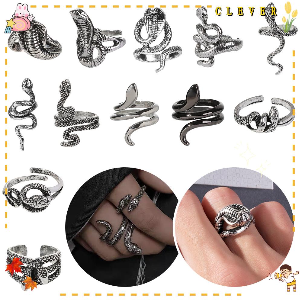 CLEVER Nhẫn Hình Rắn Thời Trang Punk Cổ Điển Có Thể Điều Chỉnh