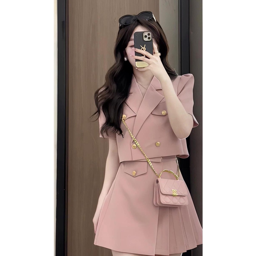 Hàng Mới Về Set Áo Khoác Blazer Ngắn Tay Và Chân Váy Xếp Ly Phong Cách Hàn Quốc Dành Cho Nữ