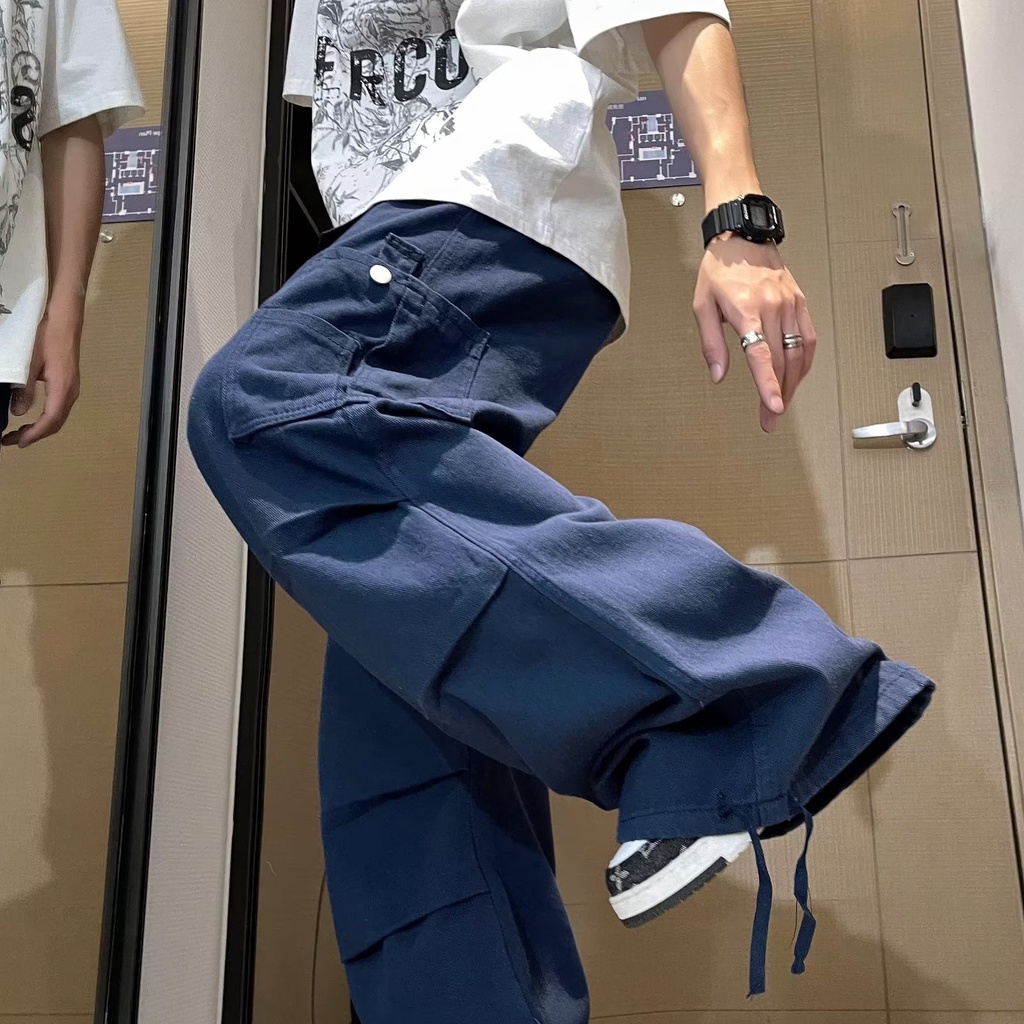 Quần Dài Ống Rộng Rút Dây Màu Xanh Dương Cổ Điển Hợp Thời Trang Cho Nam