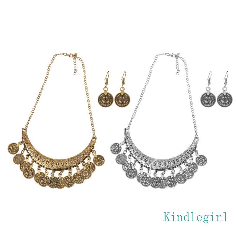 Bộ 2 Vòng cổ + Bông Tai Hình Đồng Xu Phong Cách Dân Tộc Thời Trang Cho Nữ