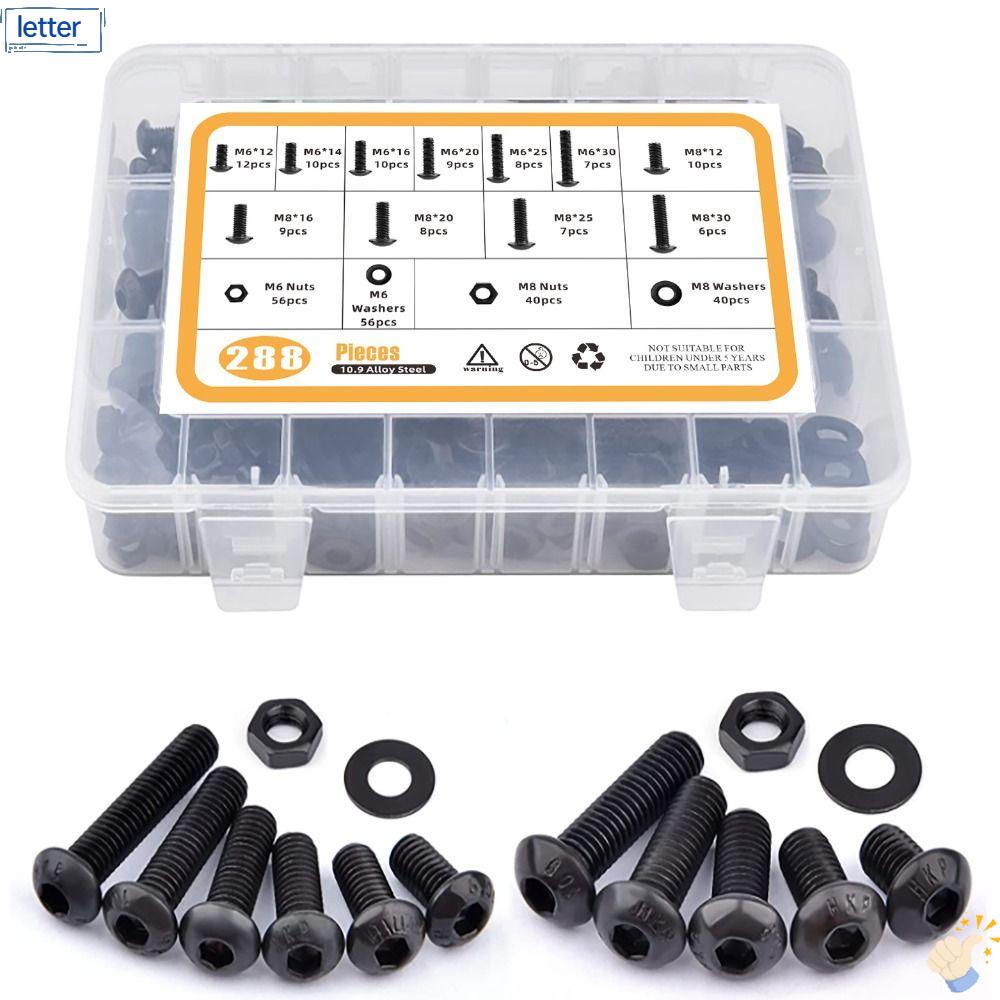 LET Bộ 288 Bu Lông Và Đai Ốc M6 M8 Bằng Hợp Kim Thép Màu Đen Kèm Hộp Đựng Cho Thiết Bị Gia Đình