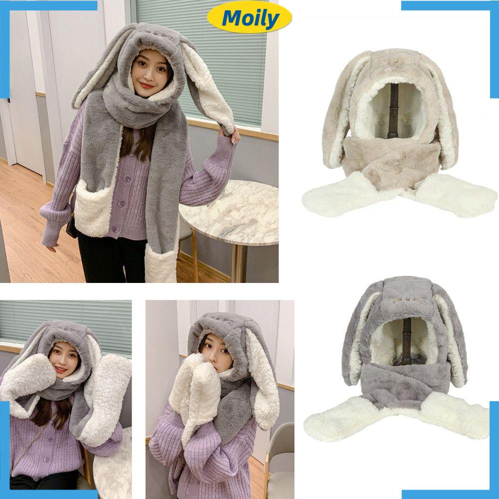 MOILYVN Set Mũ Tai Thỏ Kèm Khăn Choàng Cổ Và Găng Tay Mềm Mại Chống Gió