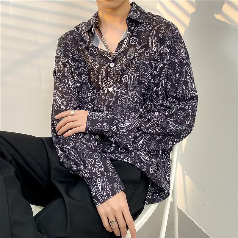 Áo Sơ Mi Tay Dài Dáng Rộng In Họa Tiết Phong Cách Hàn Quốc Thời Trang Mùa Hè Cho Nam