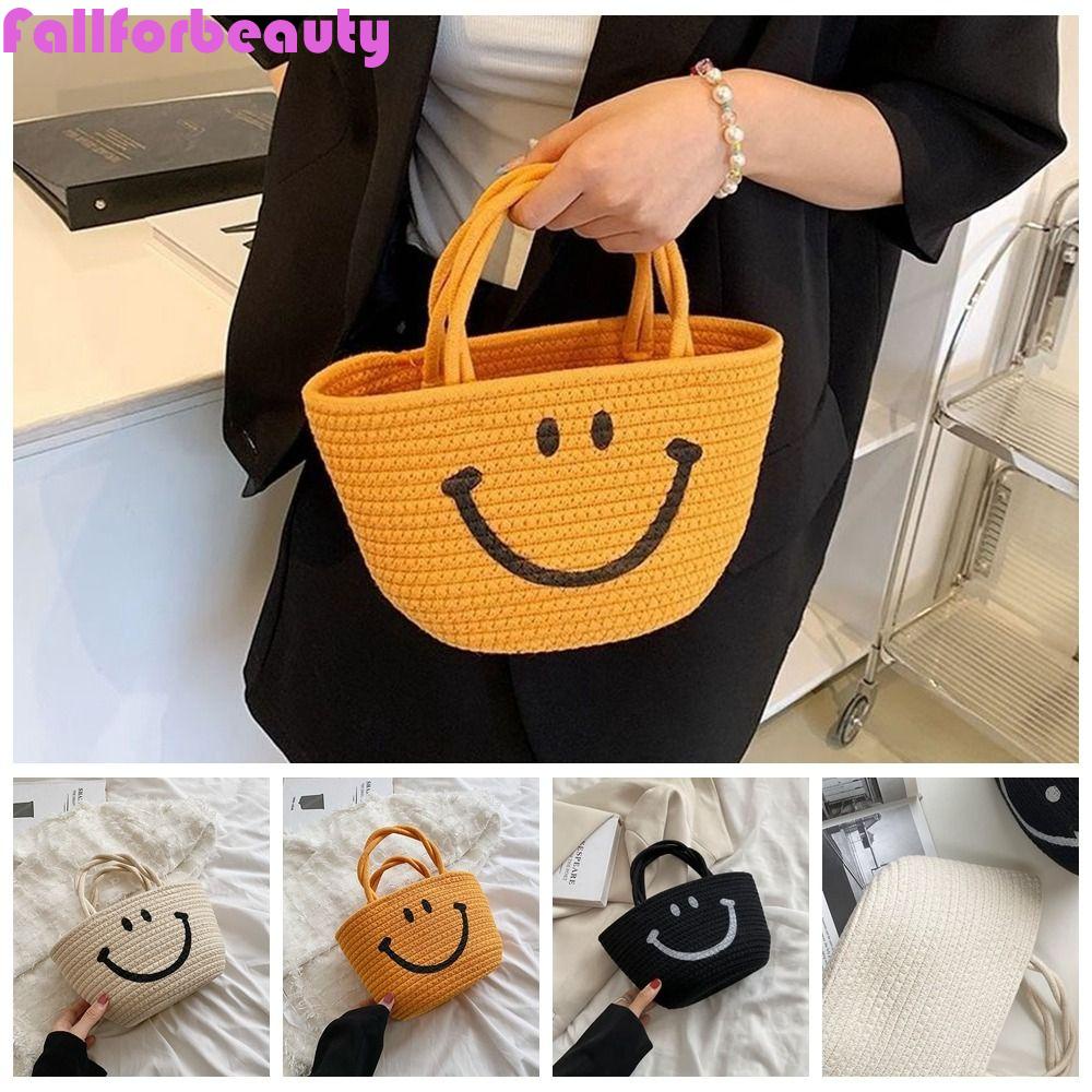 FALLFORBEAUTY Túi Xách Đan Sợi Cotton Sức Chứa Lớn Hình Mặt Cười Dễ Thương