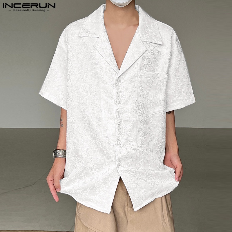 INCERUN Áo Sơ Mi Tay Ngắn Cổ Chữ V Màu Sắc Đơn Giản Cho Nam