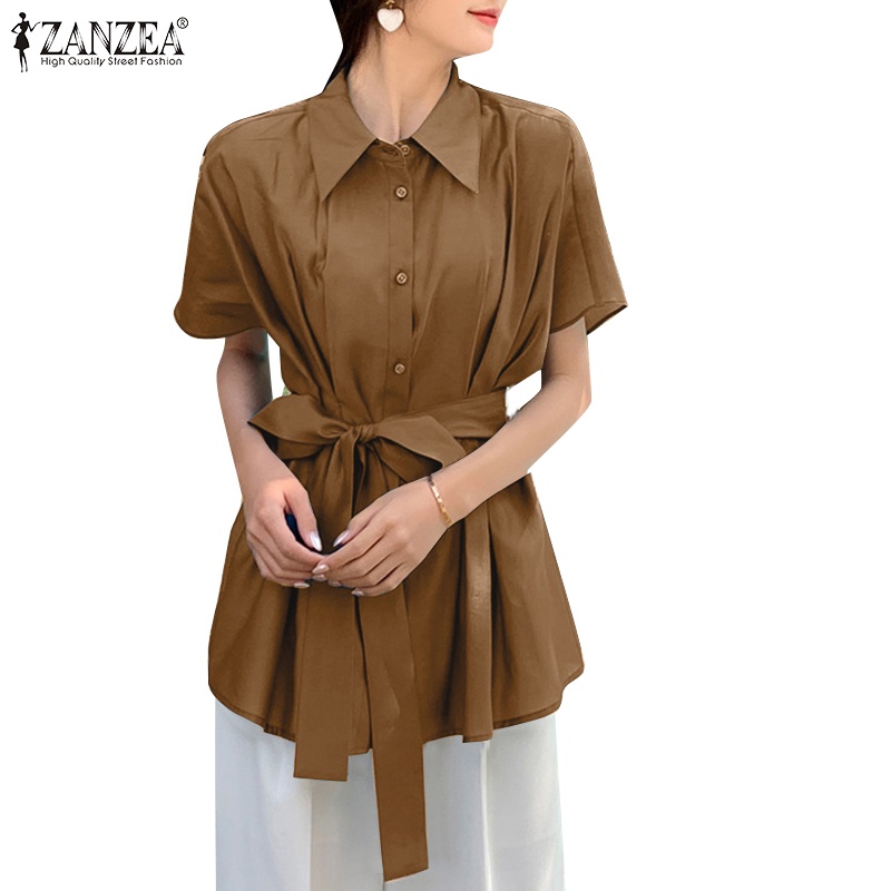 ZANZEA Áo Sơ Mi Ngắn Tay Xếp Ly Cổ Bẻ Thời Trang Hàn Quốc Cho Nữ
