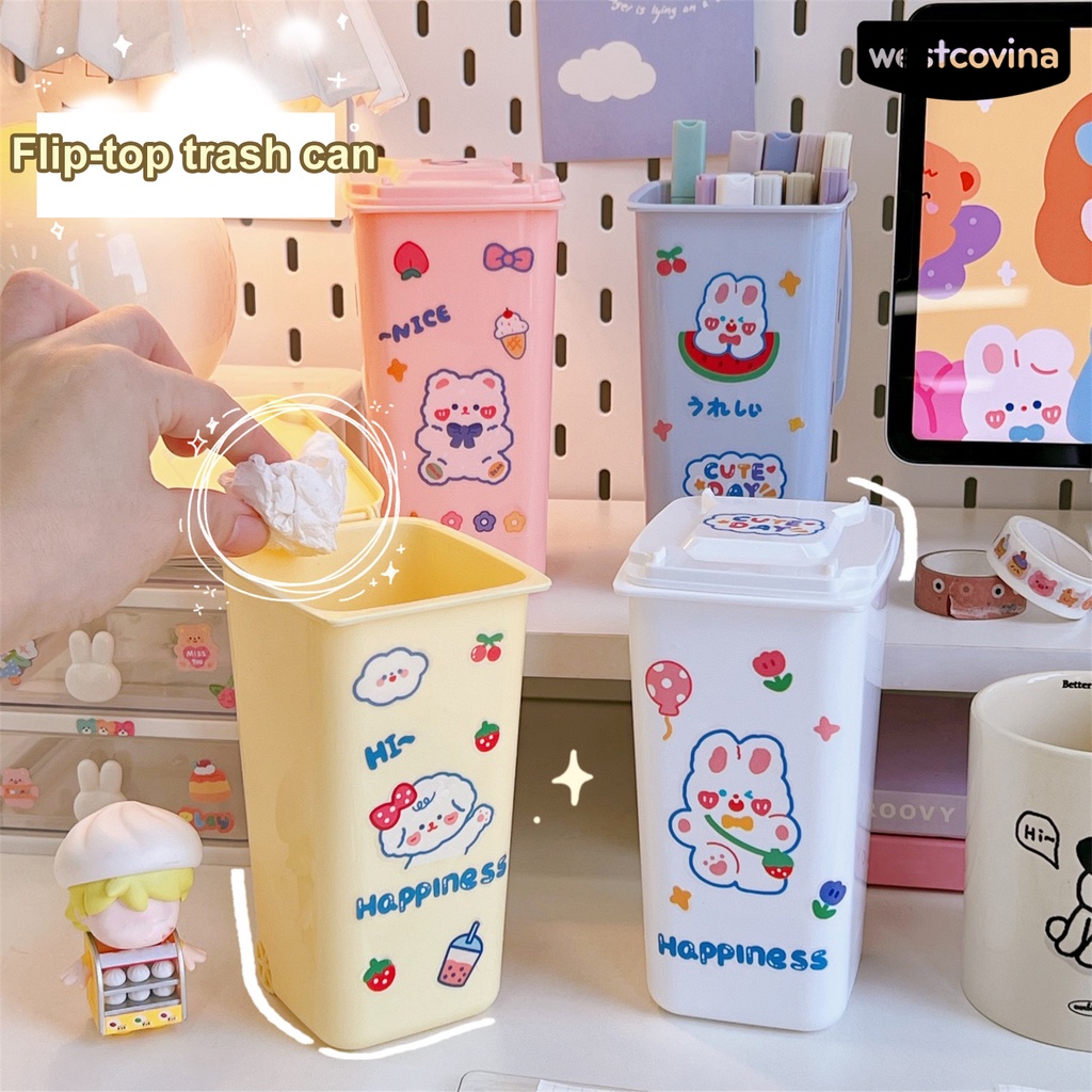 [WSTN] [WSTN]✎Thùng Rác Để Bàn Cỡ Lớn In Họa Tiết Hoạt Hình Có Nắp Đậy Tiện Dụng Ốp