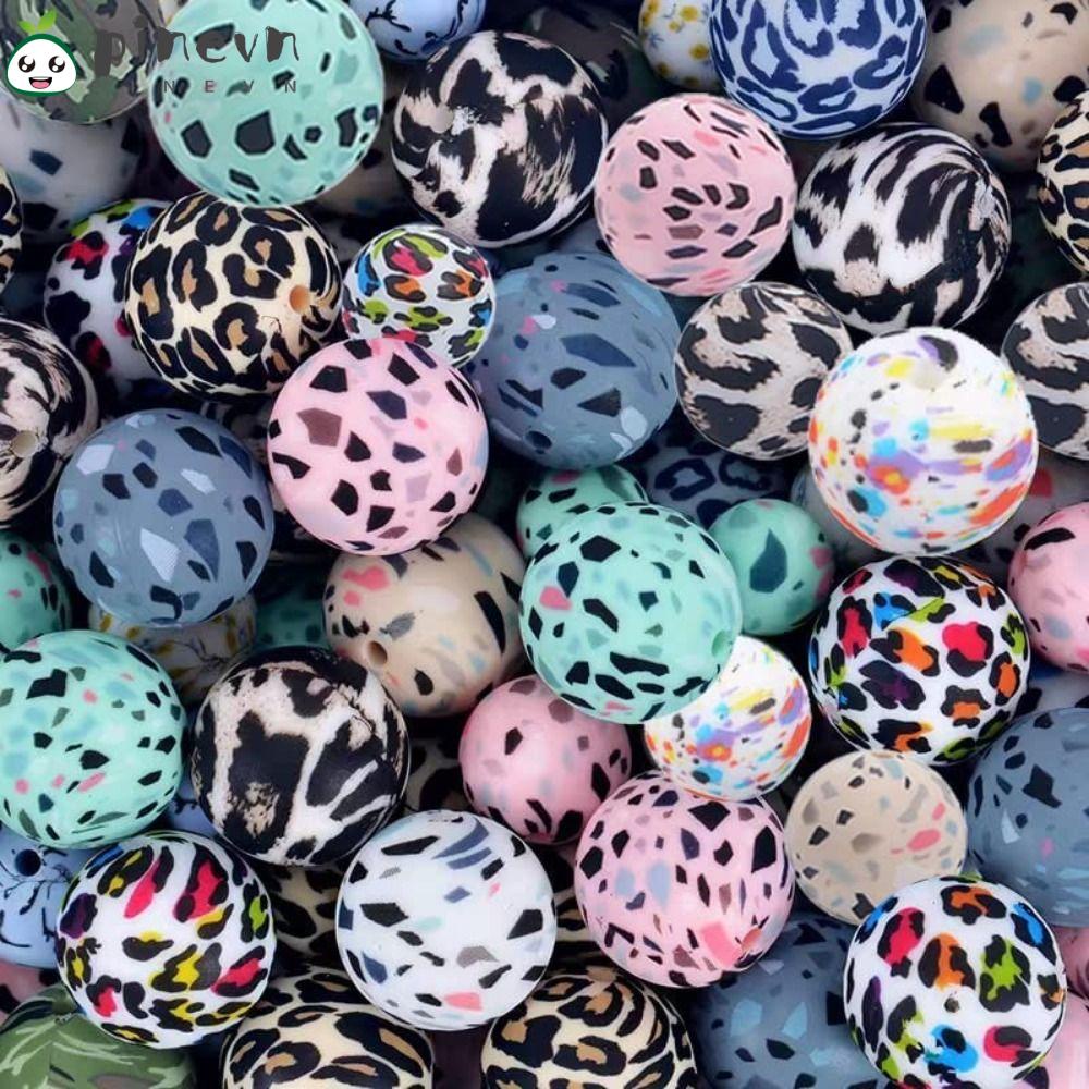 PINEVN Bộ 50 Hạt Silicone Tròn 15mm Nhiều Màu Sắc Xỏ Lỗ Họa Tiết Da Báo Làm Trang Sức Thủ Công