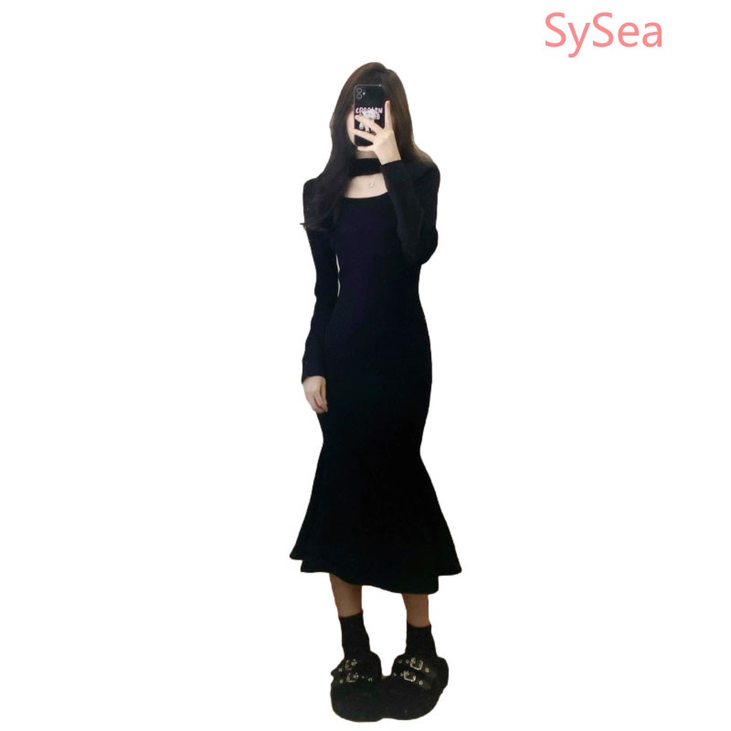 Đầm Đuôi Cá Dệt Kim Tay Dài Dáng Ôm Thời Trang Thanh Lịch Cho Nữ