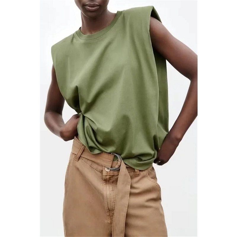 Zara Áo Thun Cotton Sát Nách Cổ Tròn Có Đệm Vai Trang Trí Thời Trang Cho Nữ 0858034