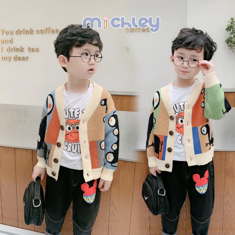 Áo Khoác Cardigan Dệt Kim In Hoạt Hình Phong Cách Hàn Quốc Cho Bé Trai