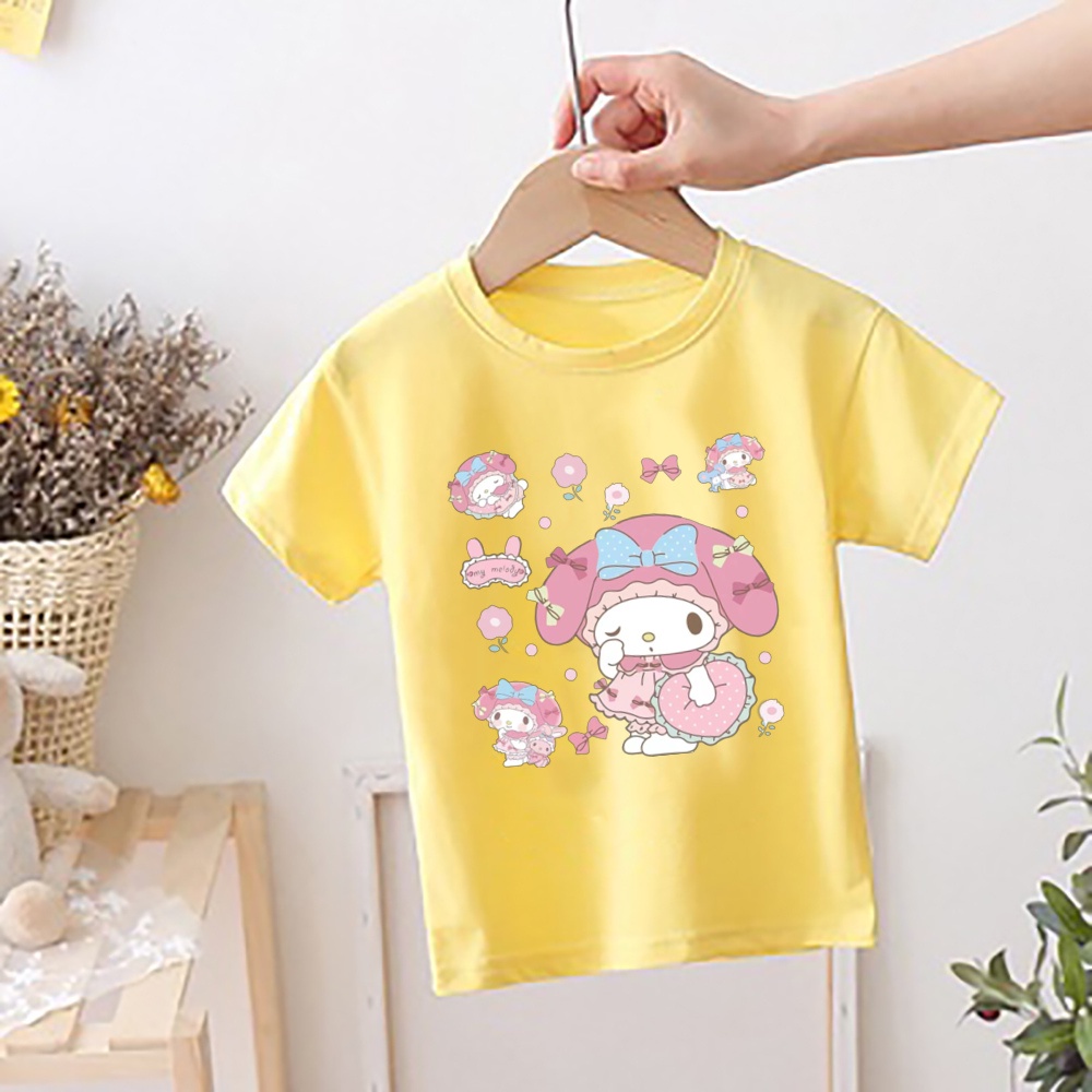 Kawaii Melody Bé Gái Áo Thun Hoạt Hình Dễ Thương Bé Gái Áo Mùa Hè Ngọt Ngào Tay Ngắn Cho Bé Quần Áo Mùa Hè