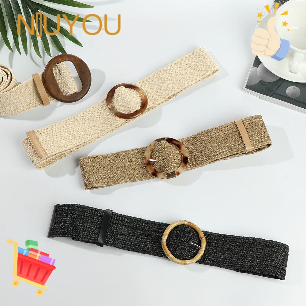 NIUYOU Thắt Lưng Đan Cói Bản Rộng Phối Khóa Gỗ Cá Tính