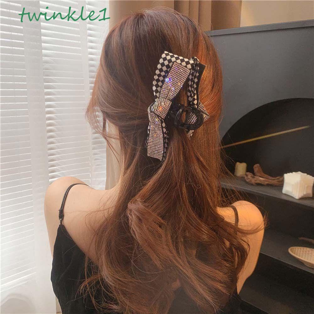 Kẹp Tóc Nơ Họa Tiết Sọc Caro Đính Đá Đen Trắng Thời Trang