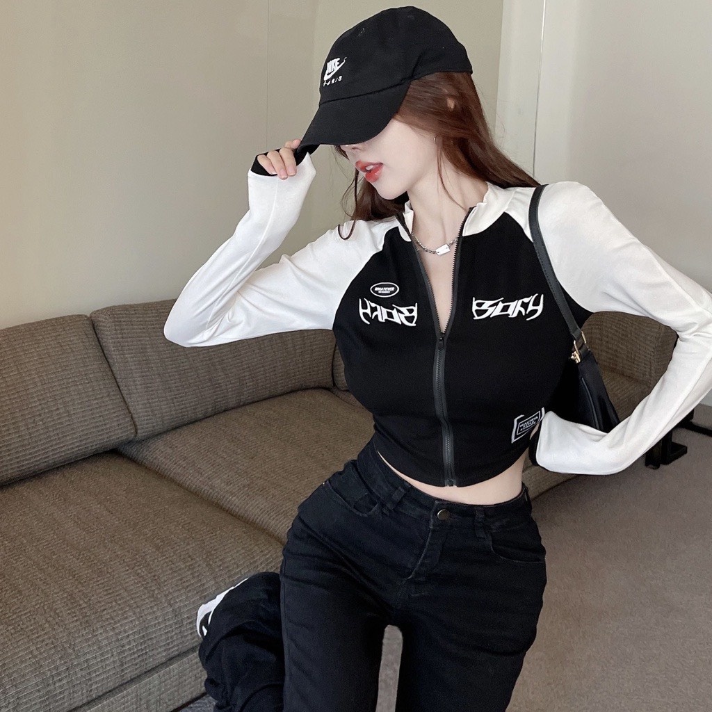 Áo Croptop Tay Dài Form Body Thiết Kế Khóa Dây Kéo Xì Teen TTSLT0048