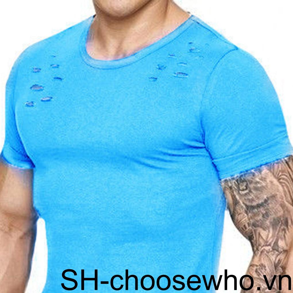 Áo Thun Tay Ngắn Cổ Tròn Dáng Rộng Rách Lỗ Màu Sắc Đơn Giản Thời Trang Cho Nam