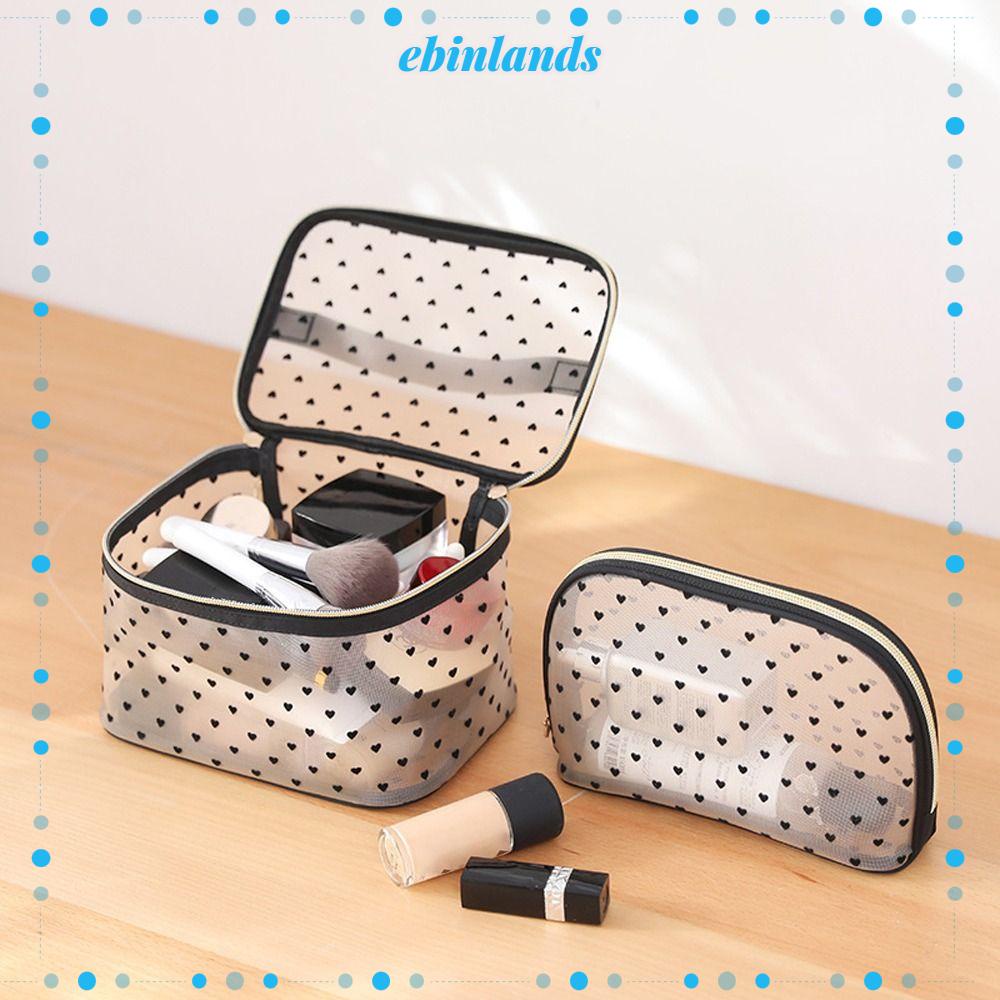 EBINLANDS Túi Lưới Đựng Mỹ Phẩm Có Khóa Kéo In Họa Tiết Trái Tim Xinh Xắn Ốp