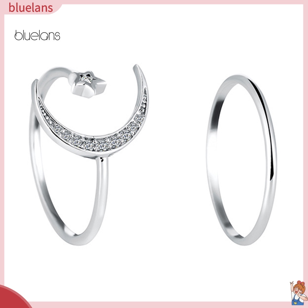 Set 2 Nhẫn Hở Hình Trăng Sao Đính Đá Thời Trang Cho Nữ