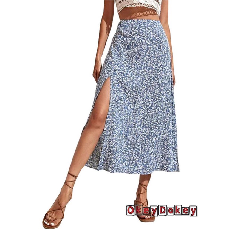 Chân Váy Midi Dáng Chữ A Lưng Vừa Xẻ Tà In Họa Tiết Hoa Thời Trang Xuân Hè Cho Nữ