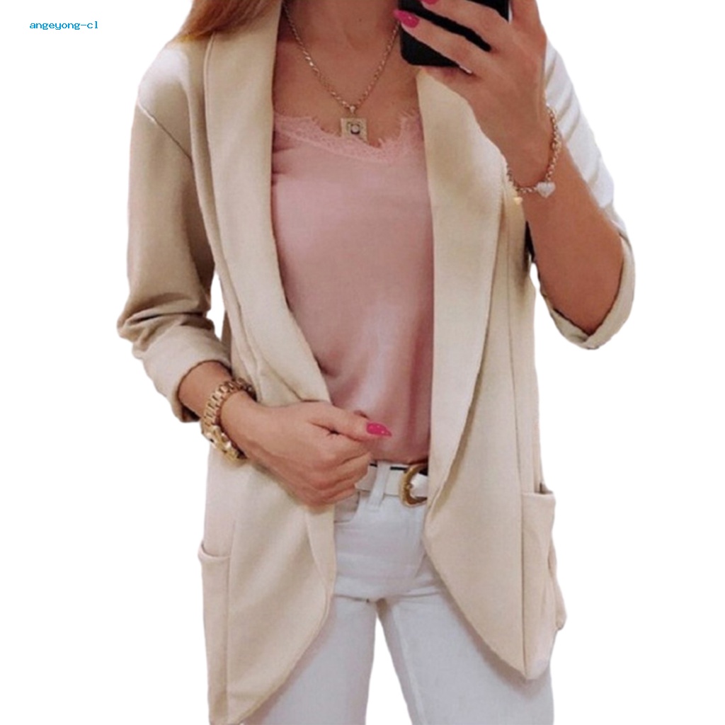 Angeyong Áo Khoác Suit Màu Trơn Dài Trung Bình Có Túi Thời Trang Xuân Thu Cho Nữ