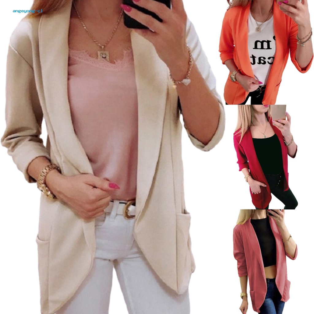 Angeyong Áo Khoác Suit Màu Trơn Dài Trung Bình Có Túi Thời Trang Xuân Thu Cho Nữ