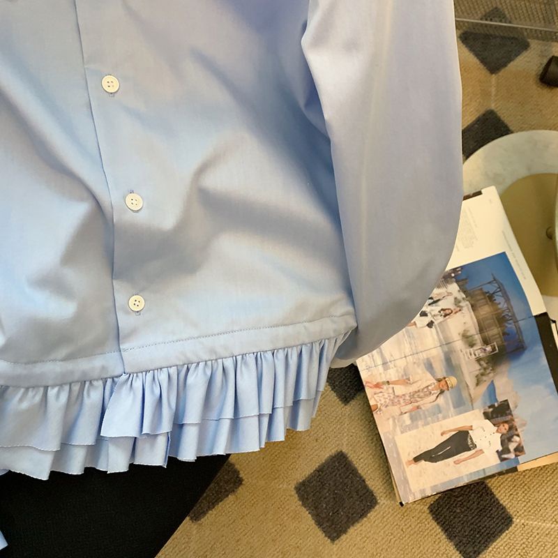 Áo Sơ Mi Tay Dài Phối Bèo Màu Xanh Dương Cỡ Lớn 150kg Phong Cách Pháp Thời Trang Cho Nữ