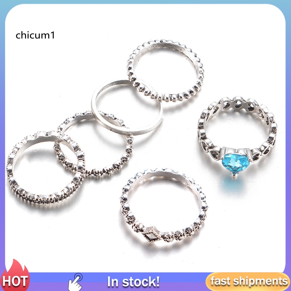 Set 6 Nhẫn Đốt Ngón Tay Nhiều Kiểu Đính Đá Pha Lê Hình Trái Tim Phong Cách Boho