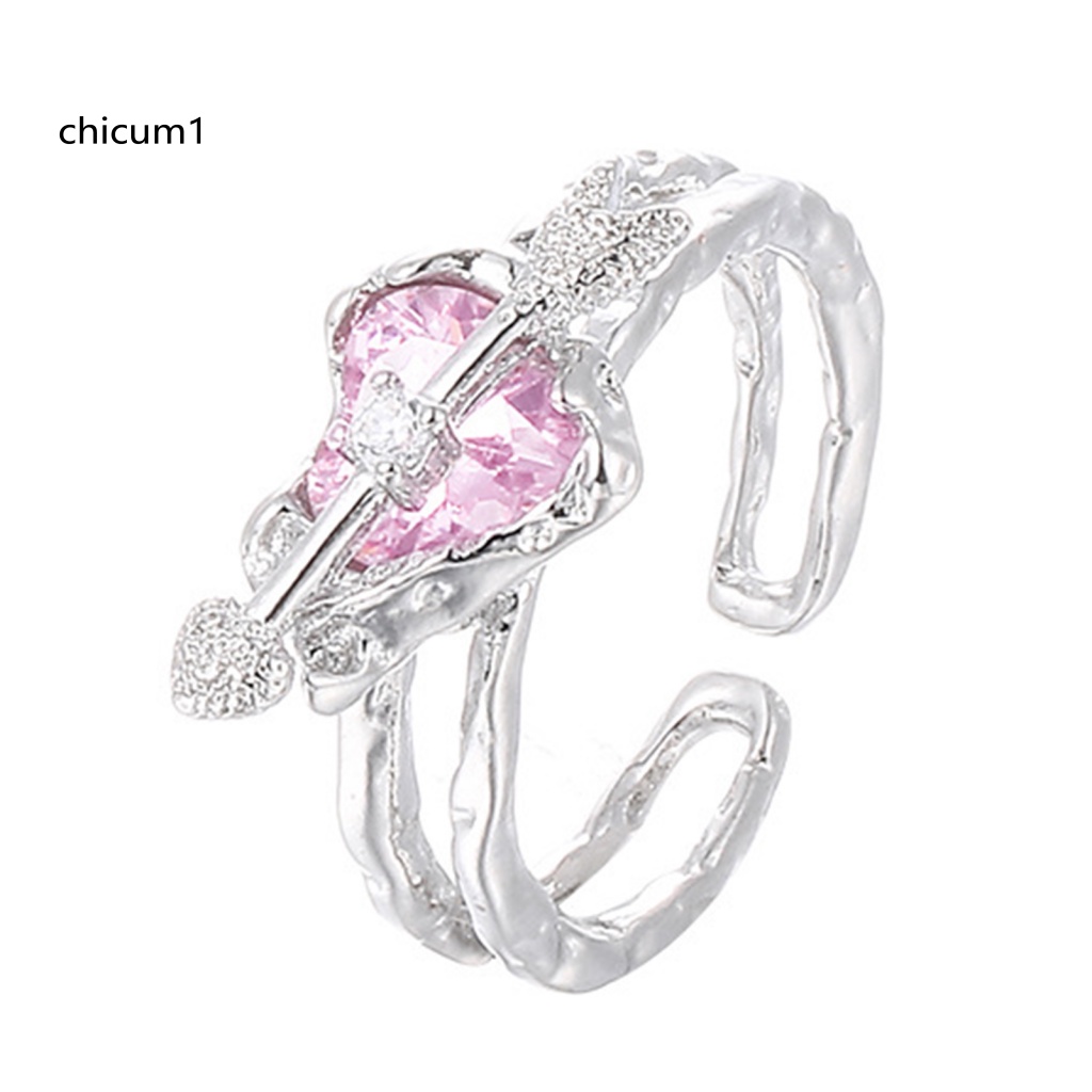 Nhẫn Đeo Tay CC Hai Lớp Bắt Mắt Thiết Kế Dạng Hở Màu Hồng Đính Pha Lê Nhân Tạo Hình Mũi Tên Xuyên Qua Trái Tim Thời Trang Có Thể Điều