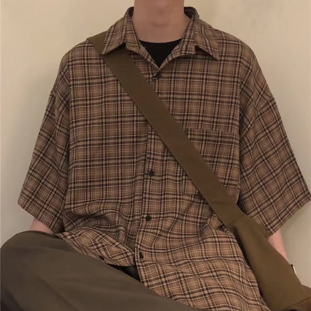 Áo Sơ Mi Nam Dáng Rộng Họa Tiết Caro Phong Cách Hàn Quốc Đơn Giản Dễ Phối Đồ Mới