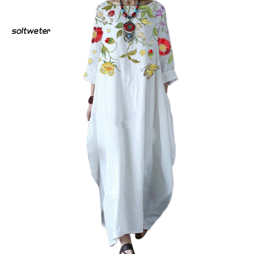 Đầm Maxi Cổ Tròn 3 / 4 Dáng Rộng In Họa Tiết Hoa Lá Thời Trang Xuân Thu Xinh Xắn Cho Nữ