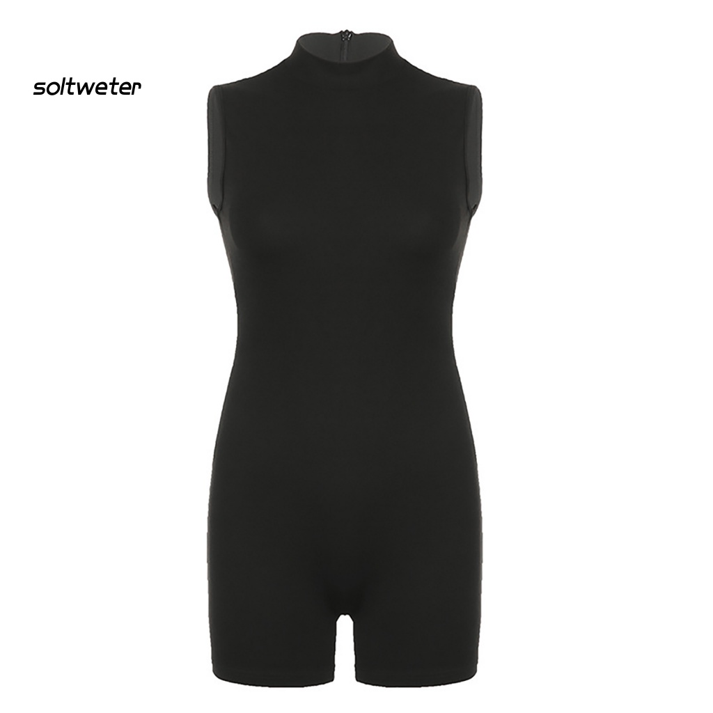 Bộ Áo Liền Quần Sát Nách Cổ Cao Dáng Ôm Có Khóa Kéo Sau Lưng Màu Trơn Co Giãn Tốt Thời Trang Cho Nữ