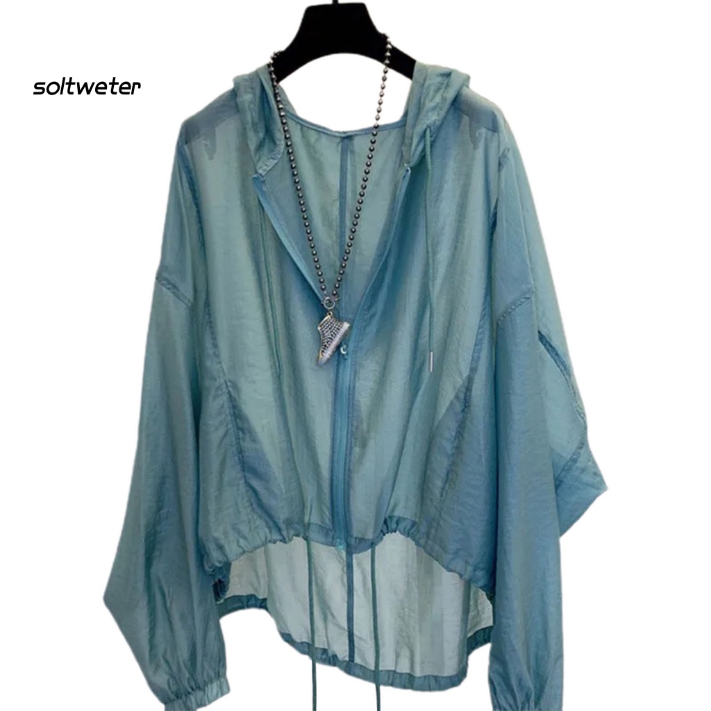 Áo Khoác Chống Nắng Mỏng Tay Dài Màu Trơn Phối Dây Rút Xuyên Thấu Thời Trang Cho Nữ