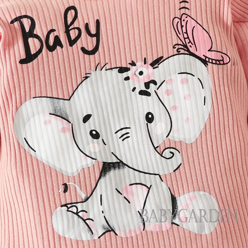 Set Đồ 3 Món Gồm Áo Liền Quần + Quần Dài In Họa Tiết Chú Voi + Băng Cài Đầu Cho Bé Gái 0-18 Tháng Tuổi