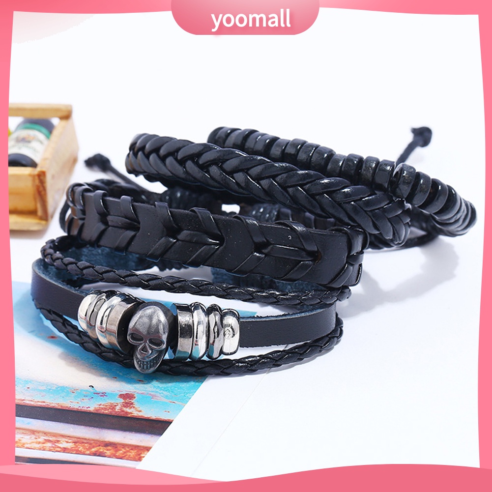 Set 4 Vòng Tay Bện Dây Mặt Đầu Lâu Phong Cách Vintage Cho Nam