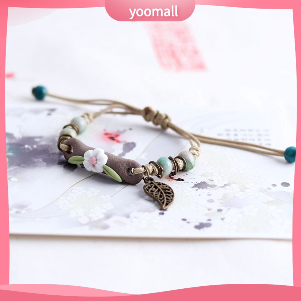 [YM] Vòng Đeo Tay Dây Bện Gắn Hạt Gốm Lá Rỗng Có Thể Điều Chỉnh Làm Quà Tặng Trang Sức Thời Trang Cho Nữ Sinh