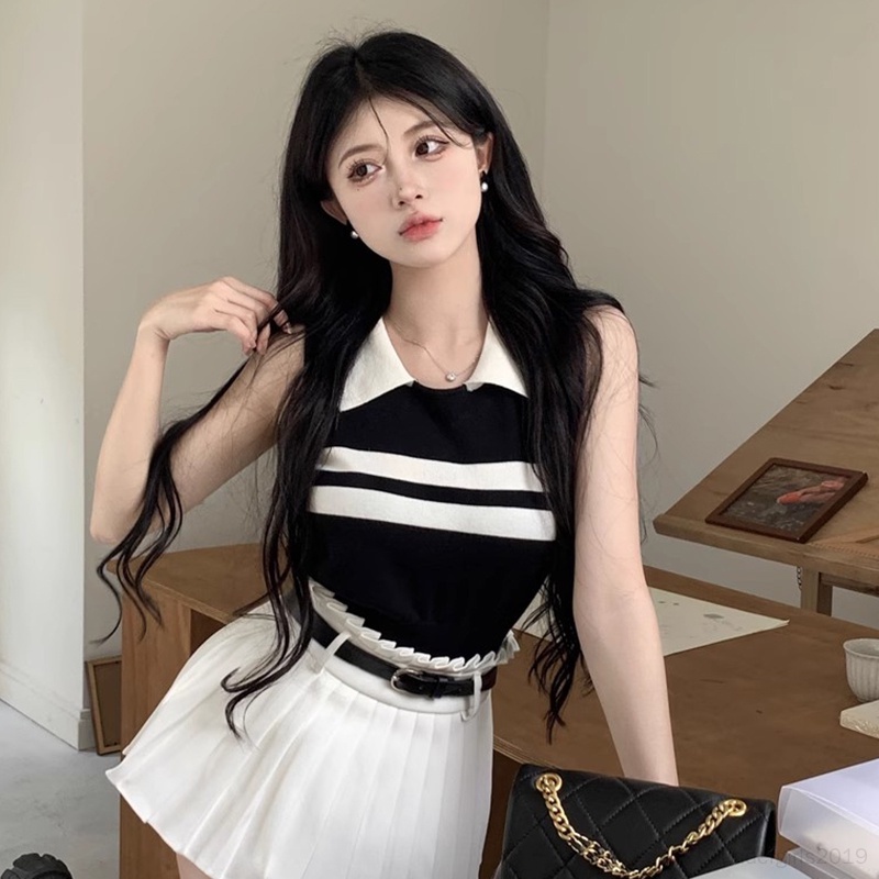 Áo Croptop Dệt Kim Sát Nách Cổ Bẻ Thời Trang Mùa Hè Hàn Quốc Cho Nữ