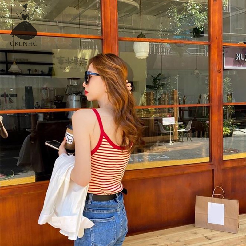 Áo Hai Dây Dệt Kim Dáng Ôm In Kẻ Sọc Kiểu Vintage Thời Trang Mùa Hè Cho Bạn Gái