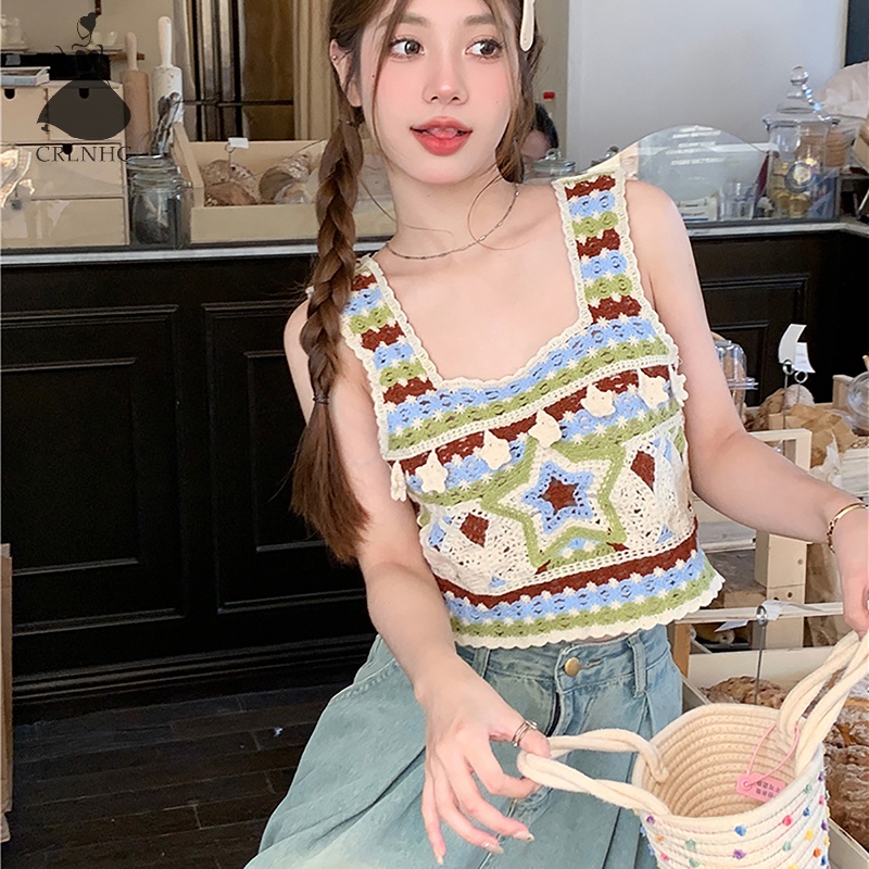 Áo Dệt Kim Sát Nách Thêu Họa Tiết Màu Tương Phản Thời Trang Mùa Hè Cho Nữ vn